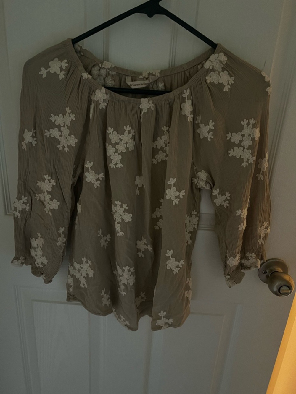 Soft Surroundings Taupe Blouse with White Floral Embroidery